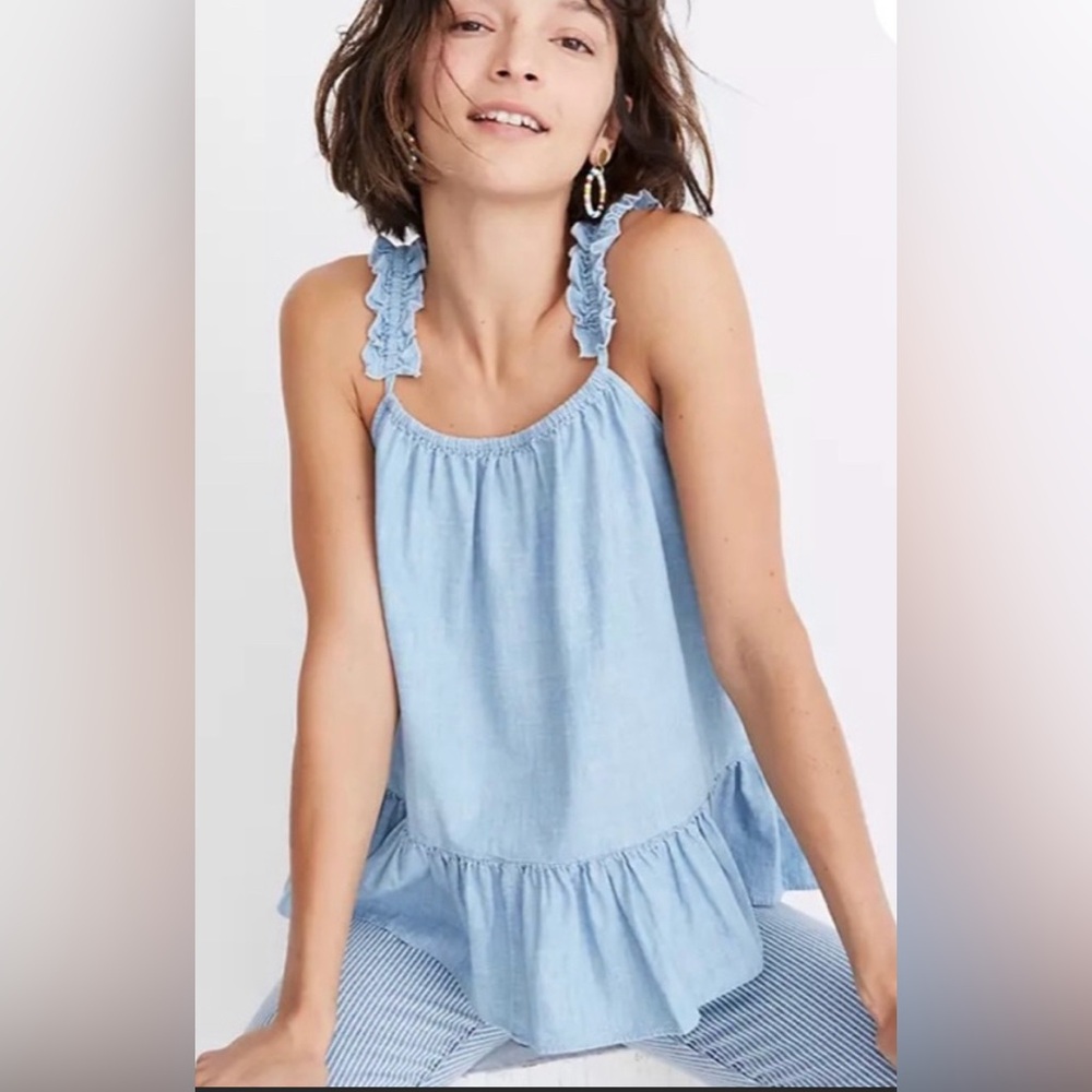 Madewell Chambray Light Blue Ruffle Strap blouse 
Size 12
New w/ Tags